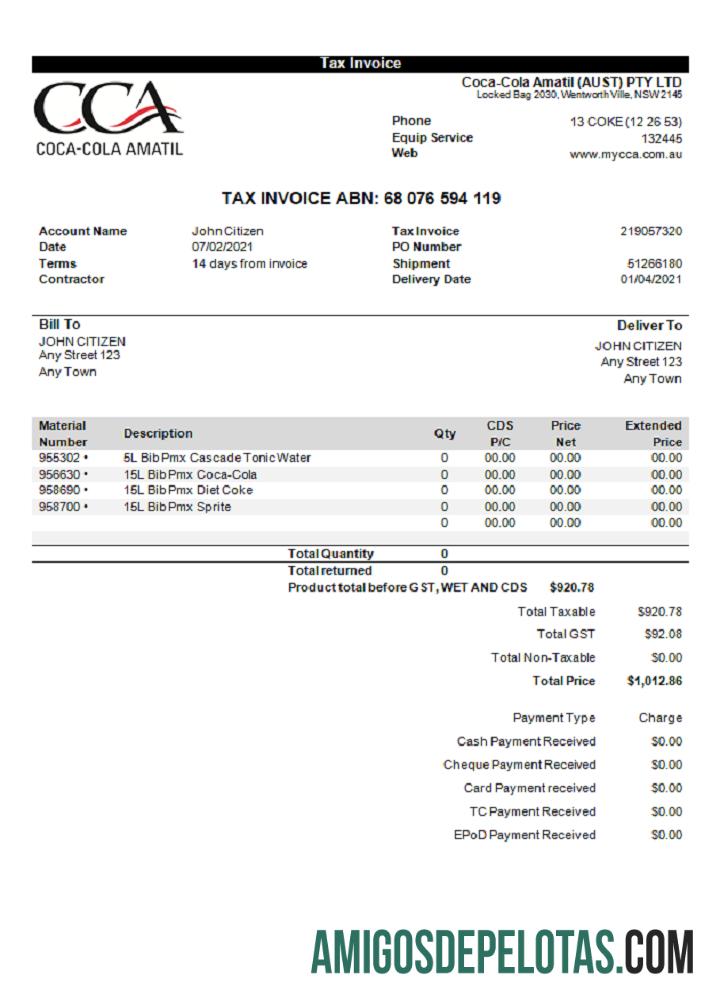 Fatura da Coca-Cola dos EUA modelo